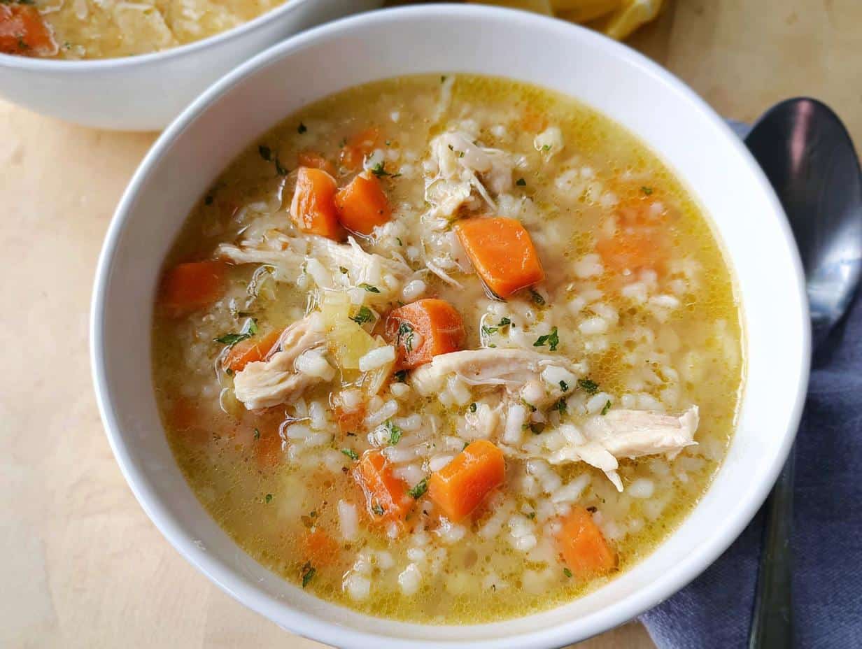 Close-up of a white bowl filled with rich Chicken Lemon Rice Soup, featuring shredded chicken, rice, and bright orange carrots.
