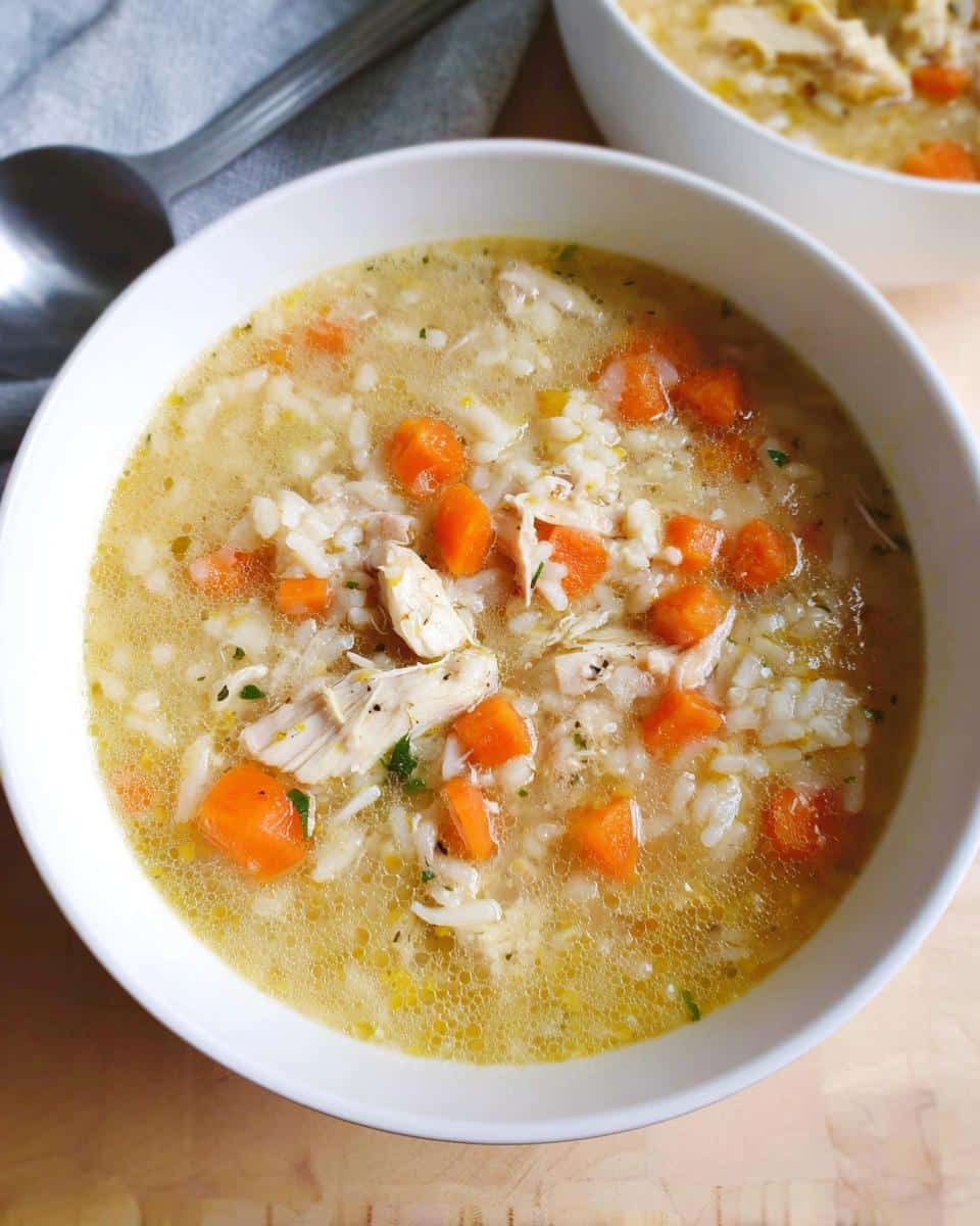 A close-up view of a white bowl filled with hearty Chicken Lemon Rice Soup, featuring shredded chicken, white rice, and bright orange carrots.