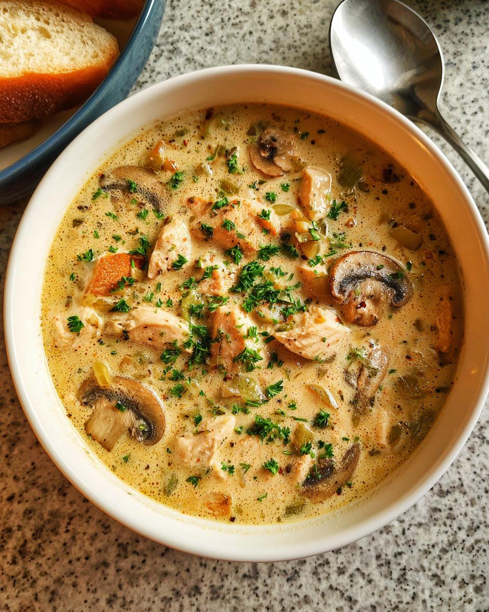 A top-down view of a bowl of rich Chicken & Mushroom Cream Soup garnished with fresh parsley.