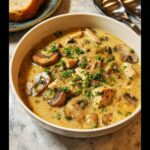 Close-up of a hearty bowl of Chicken & Mushroom Cream Soup, garnished with parsley.