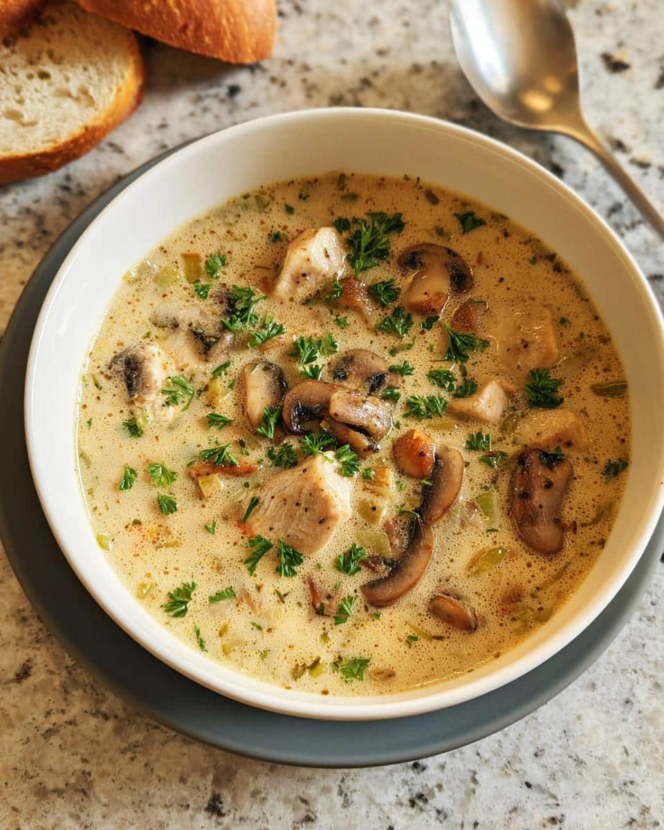 A close-up of a bowl of rich Chicken & Mushroom Cream Soup, garnished with parsley and served with bread.