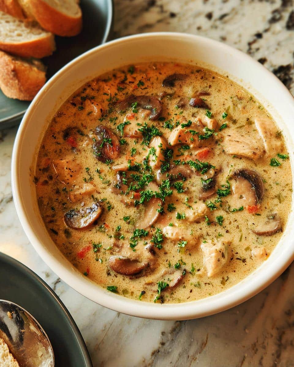 A close-up of a hearty bowl of Chicken & Mushroom Cream Soup, topped with fresh parsley.