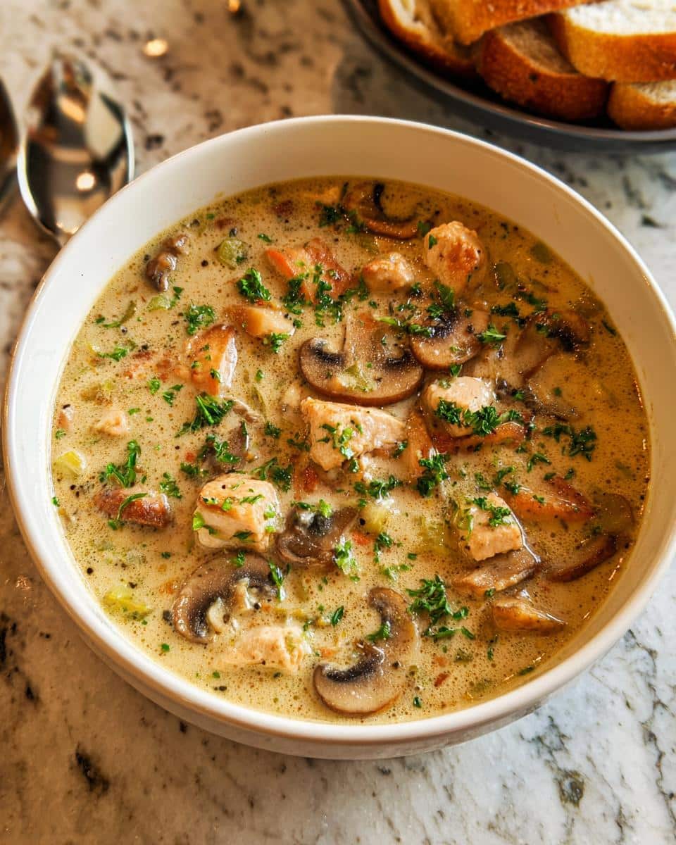Close-up of a hearty bowl of Chicken & Mushroom Cream Soup, topped with fresh parsley.