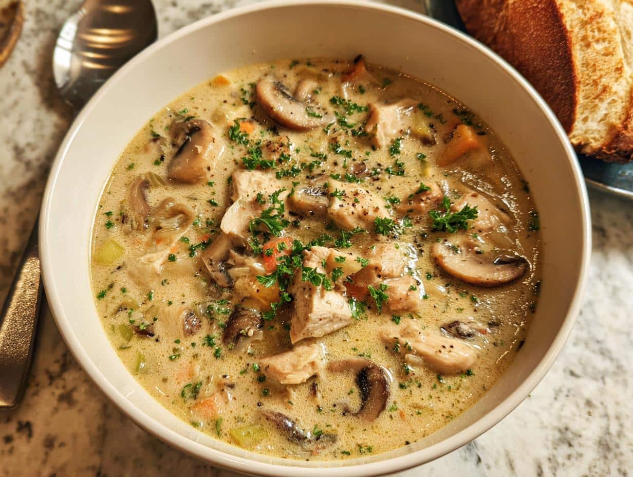 A close-up of a hearty bowl of Chicken & Mushroom Cream Soup, topped with fresh parsley and cracked pepper.