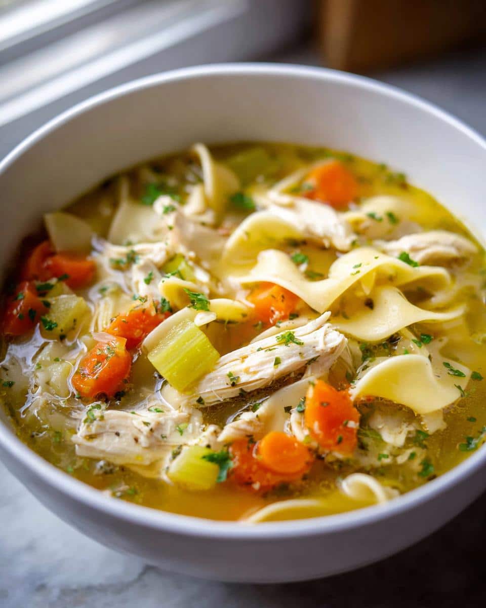 A close-up shot of steaming Chicken Noodle Soup featuring shredded chicken, wide egg noodles, carrots, and celery in a white bowl.
