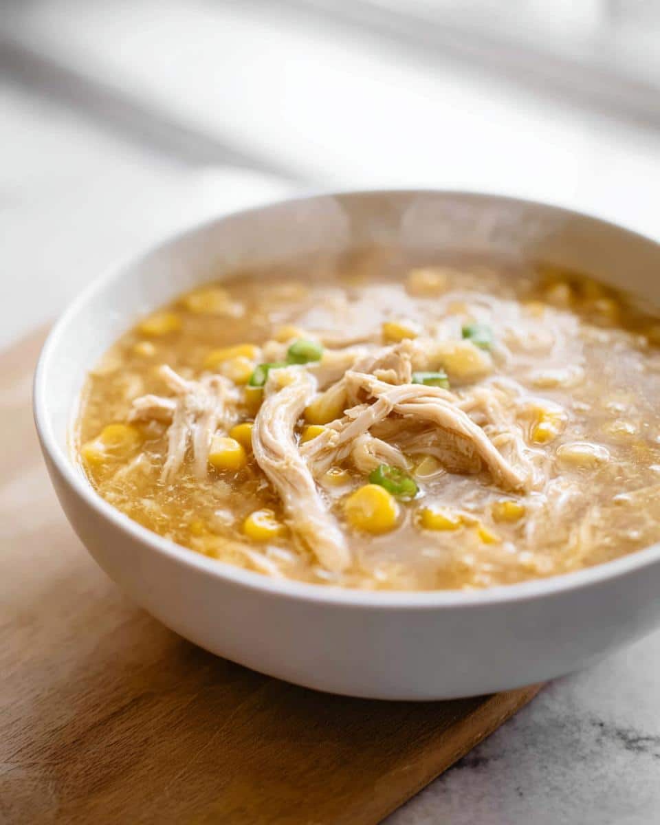 Close-up of a white bowl filled with hot Chicken & Sweet Corn Soup, topped with shredded chicken and green onions.