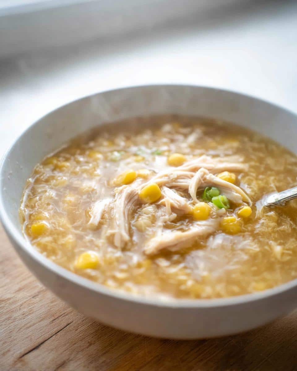 A close-up of a white bowl filled with hot Chicken & Sweet Corn Soup, topped with shredded chicken and green onions.