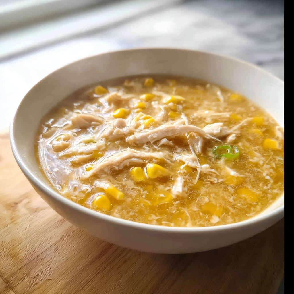 A close-up view of a white bowl filled with thick Chicken & Sweet Corn Soup, featuring shredded chicken and bright yellow corn kernels.