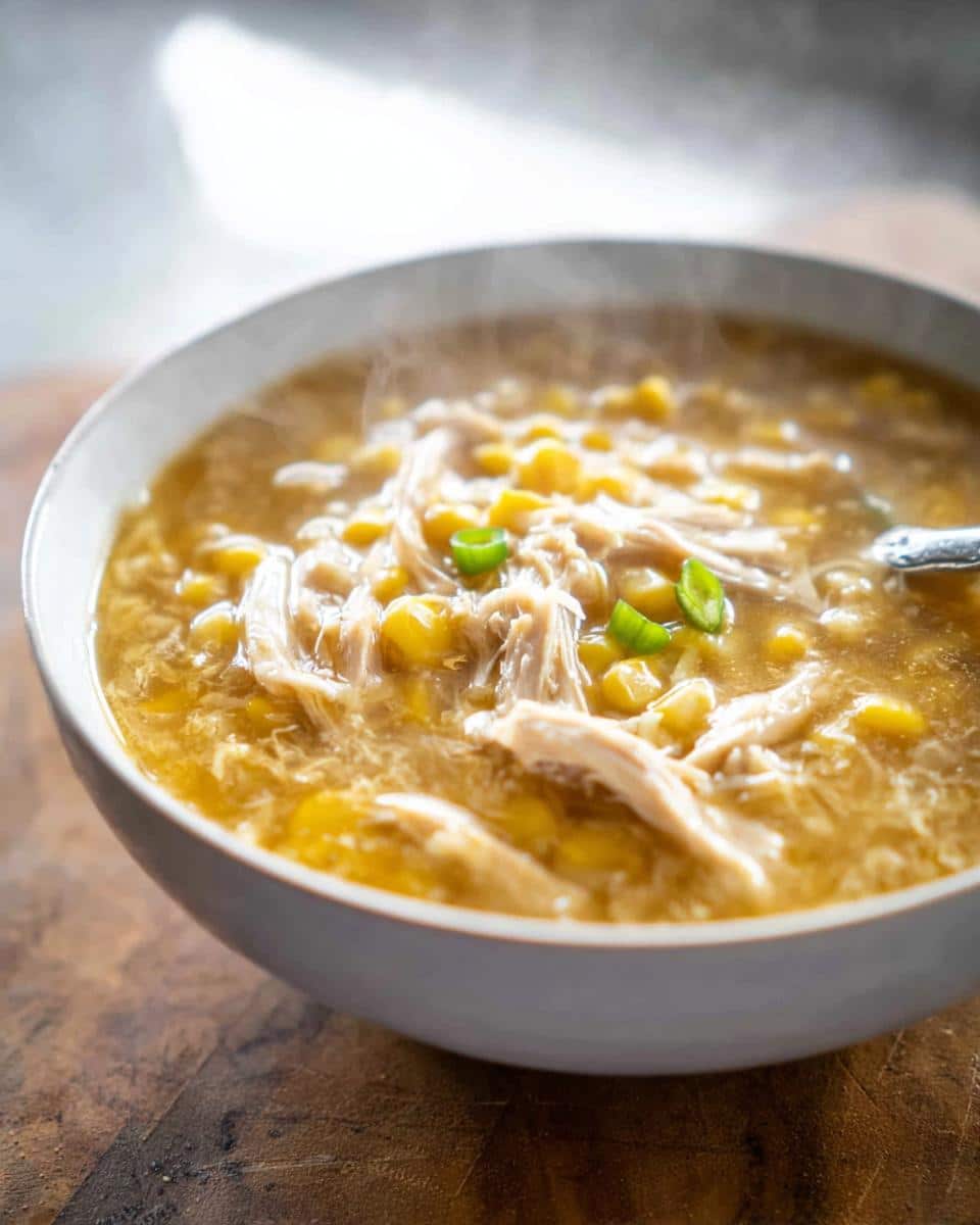 A close-up of a steaming white bowl filled with rich Chicken & Sweet Corn Soup, topped with shredded chicken and green onions.