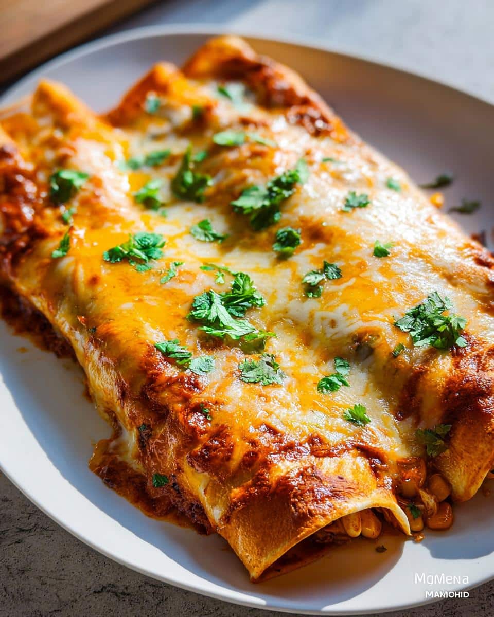 Close-up of baked Chipotle Chicken Enchiladas with Corn, covered in melted cheese and fresh cilantro.