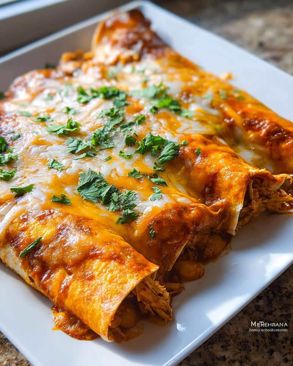 Close-up of three Chipotle Chicken Enchiladas with Corn, covered in melted cheese and fresh cilantro.