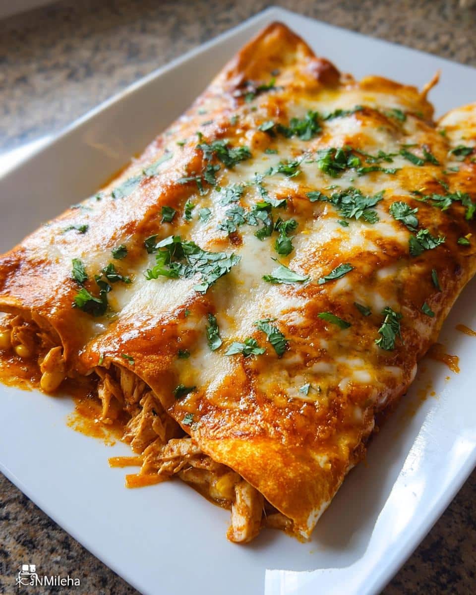 Two rolled Chipotle Chicken Enchiladas with Corn, smothered in red sauce and melted cheese, garnished with cilantro.