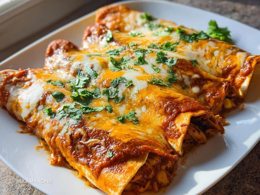 Close-up of three baked Chipotle Chicken Enchiladas with Corn, covered in melted cheese and fresh cilantro.