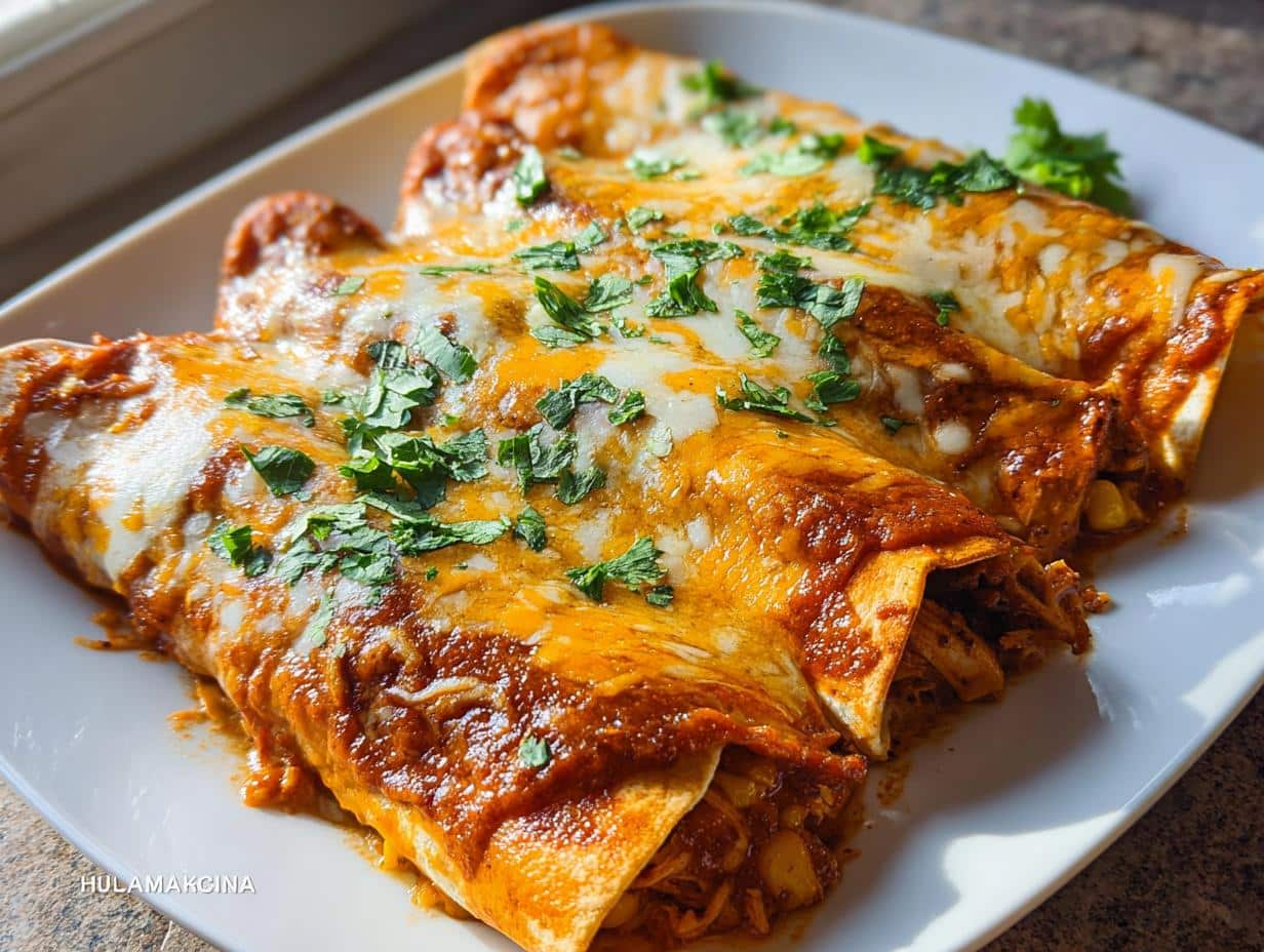 Close-up of three baked Chipotle Chicken Enchiladas with Corn, covered in melted cheese and fresh cilantro.
