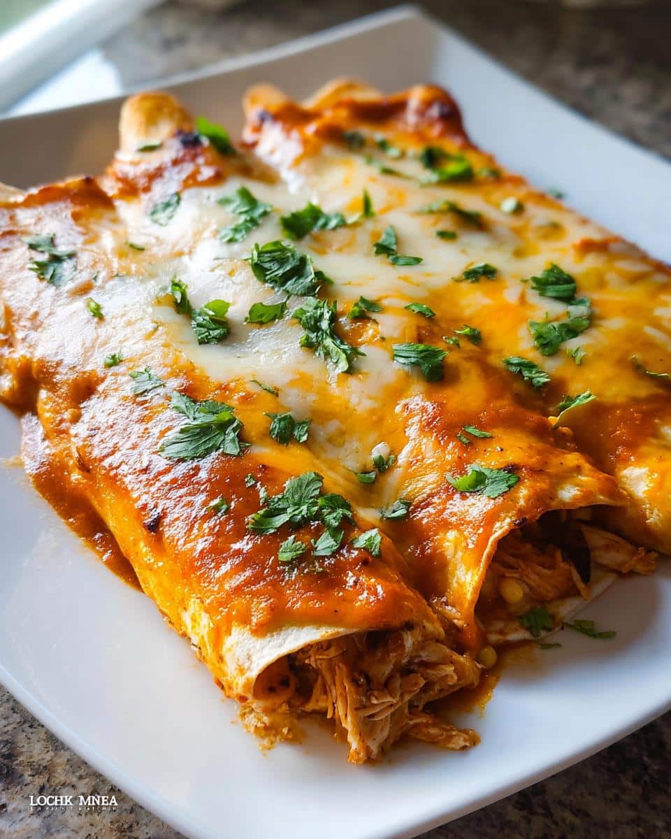 Three rolled Chipotle Chicken Enchiladas with Corn covered in melted cheese and fresh cilantro.