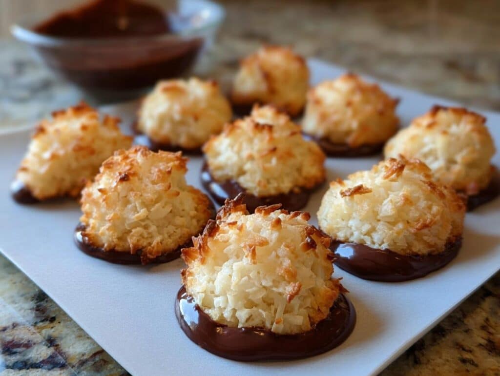 A plate of golden brown Coconut Macaroon Cookies, each dipped in melted dark chocolate.