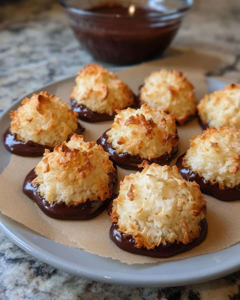 Seven golden brown Coconut Macaroon Cookies dipped in dark chocolate, resting on parchment paper.