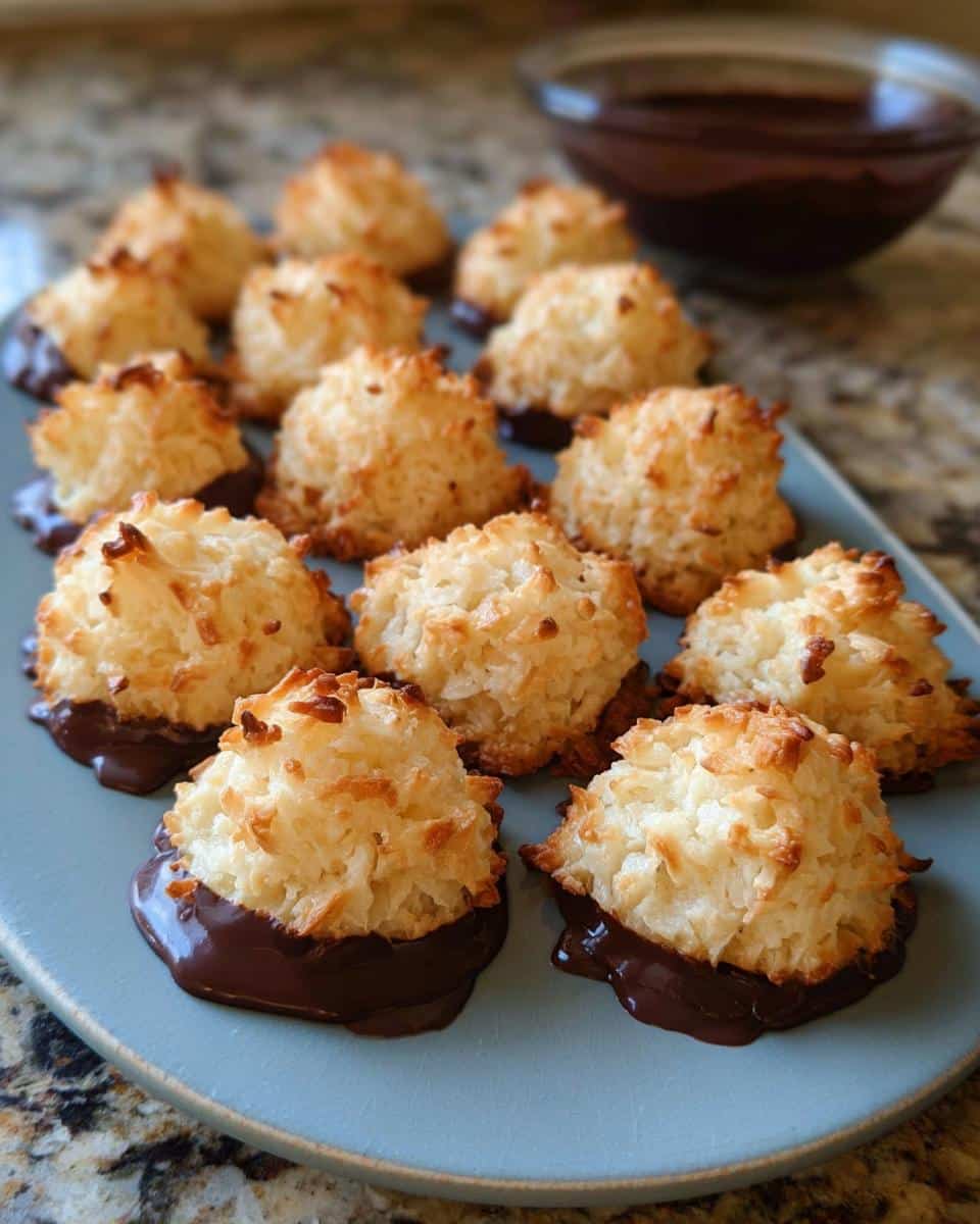 A platter of golden brown Coconut Macaroon Cookies, each dipped in melted dark chocolate.