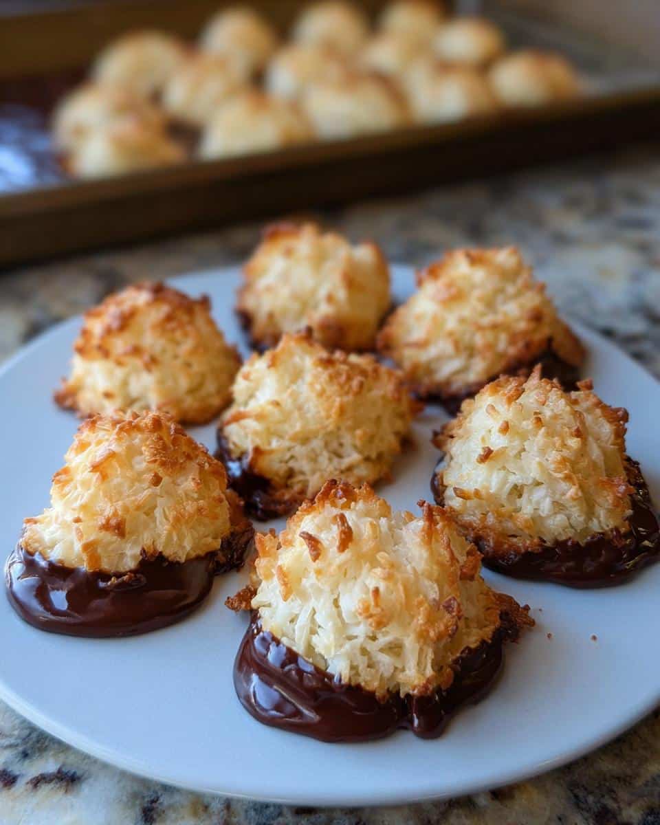 Close-up of freshly baked Coconut Macaroon Cookies dipped in melted dark chocolate, resting on a light blue plate.