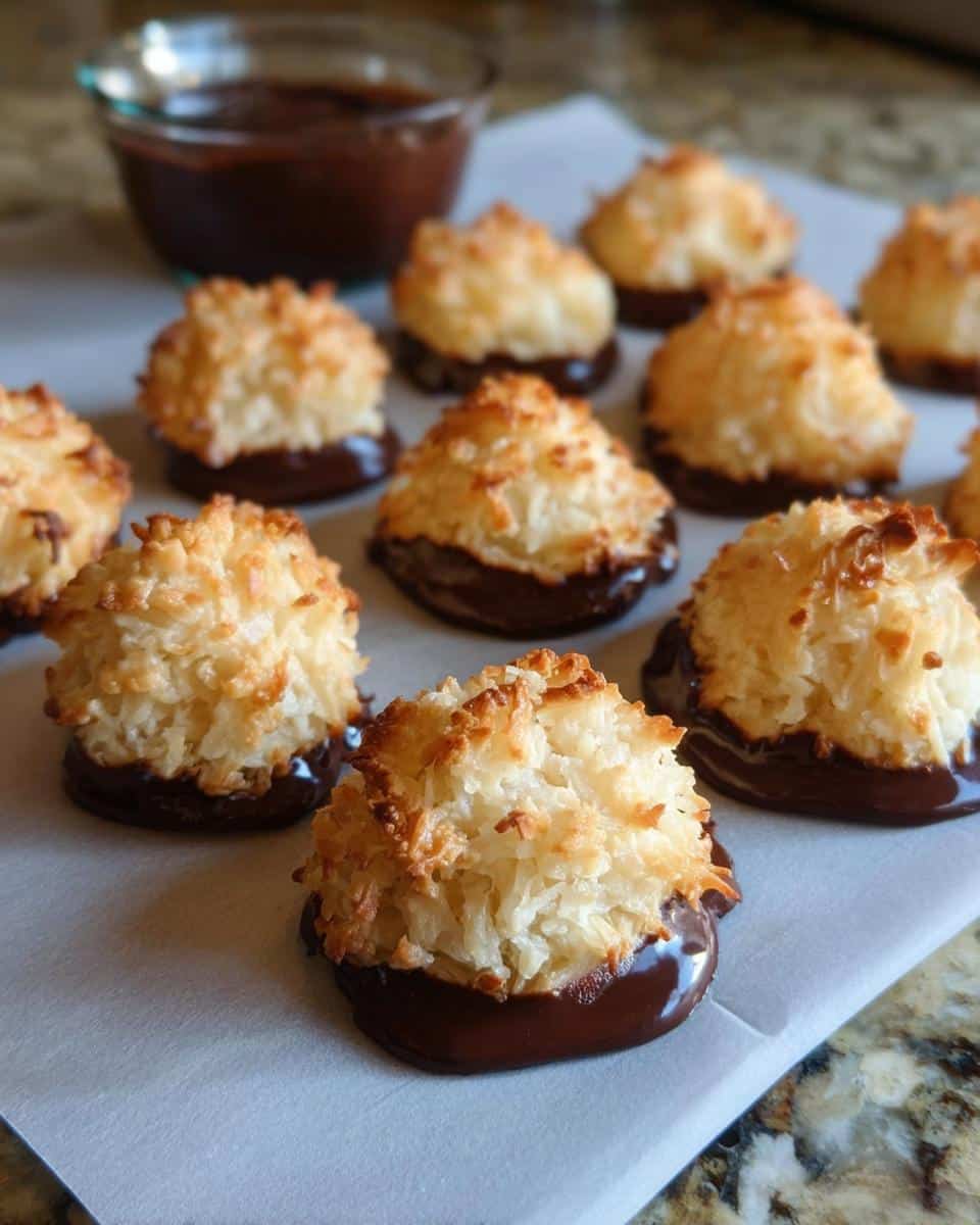 A batch of golden-brown Coconut Macaroon Cookies dipped in melted dark chocolate.