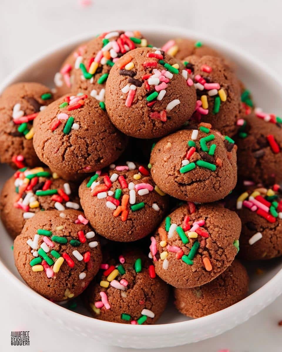 A close-up of rich, brown Gingerbread Cookie Bites piled high in a white bowl, topped with colorful holiday sprinkles.