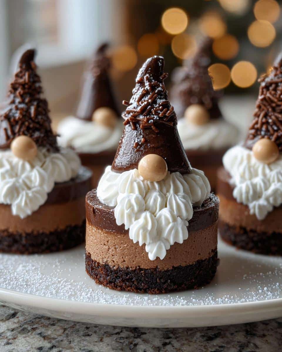 A close-up of individual Chocolate Gnome Cheesecakes featuring layers of chocolate, white frosting beard, and a pointed chocolate hat.