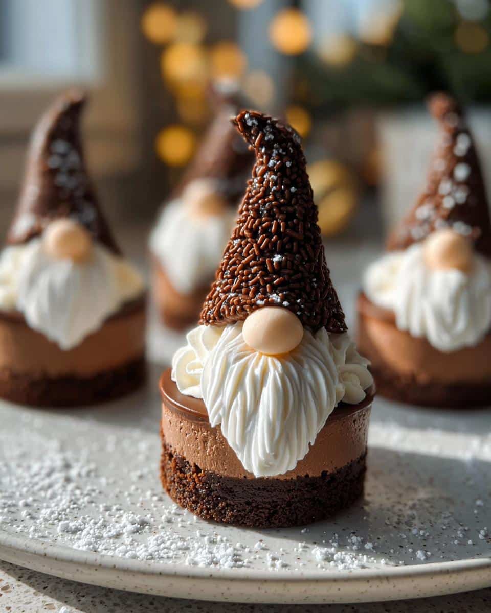 A detailed view of one of the Chocolate Gnome Cheesecakes, featuring a chocolate sprinkle hat and whipped cream beard.