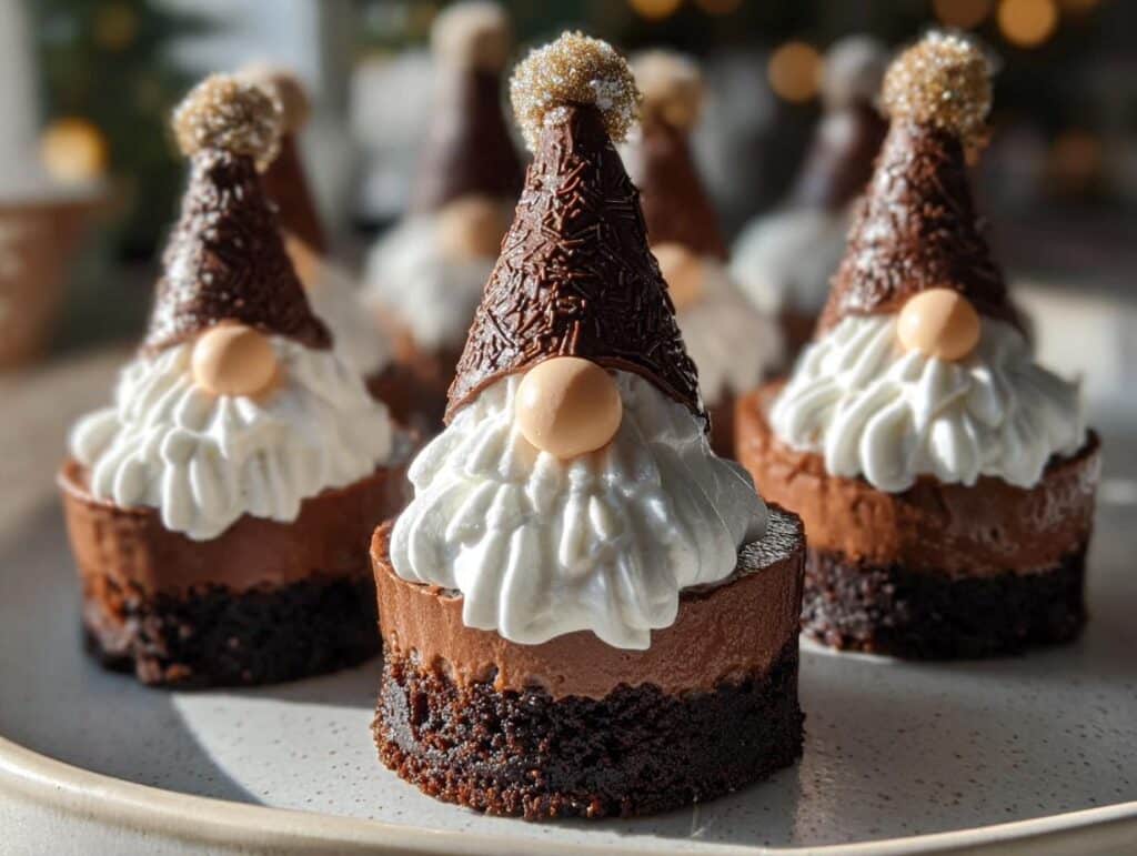 Close-up of assembled Chocolate Gnome Cheesecakes featuring chocolate layers, white cream beard, and a sprinkle-covered hat.