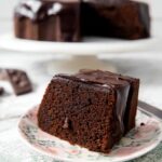 A close-up of two slices of moist Chocolate Mud Thermomix Cake with glossy chocolate ganache on a floral plate.