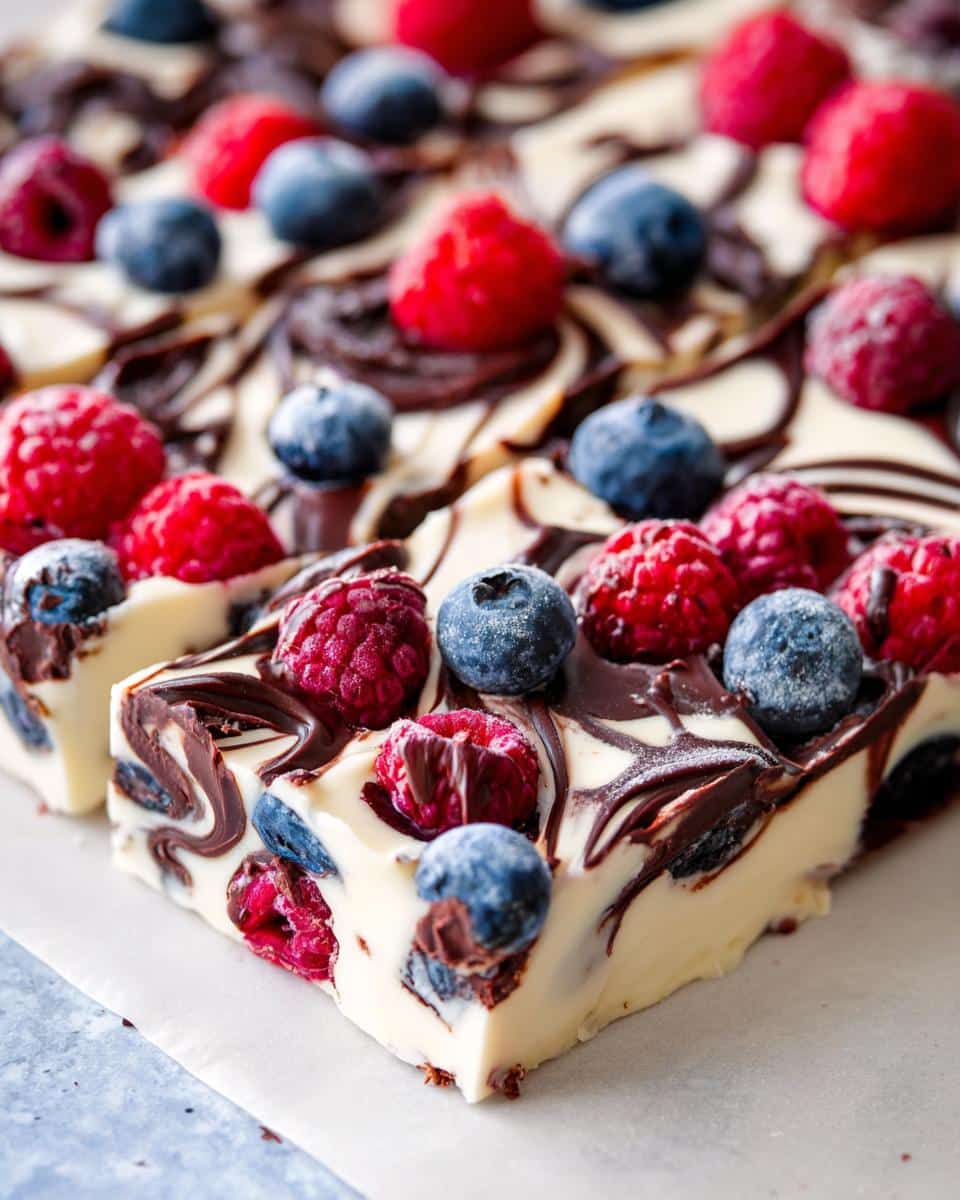 A close-up, high-angle view of sliced Chocolate Yogurt Bark with Berries, featuring swirls of dark chocolate over white yogurt and topped with fresh raspberries and blueberries.