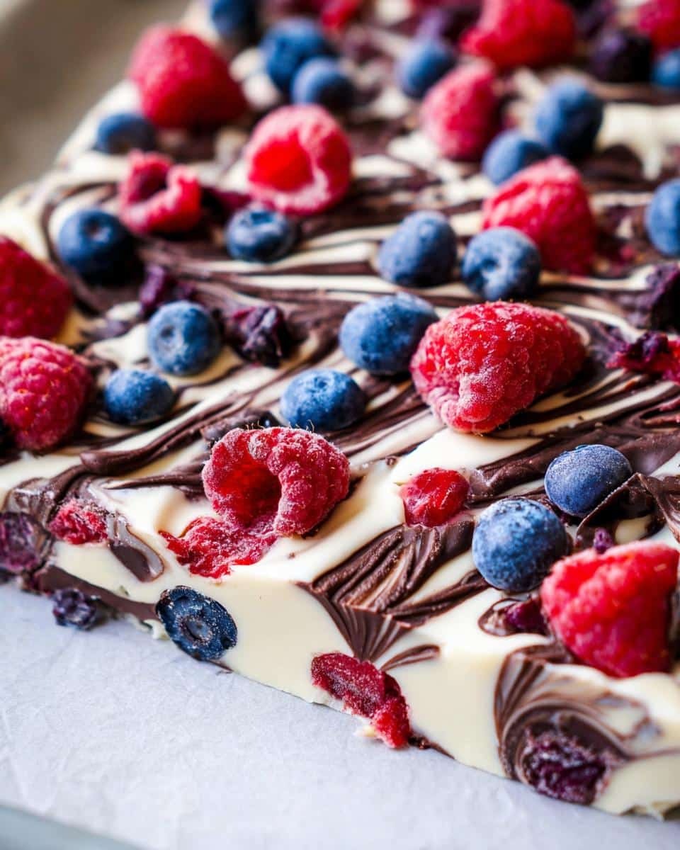 A close-up view of frozen Chocolate Yogurt Bark with Berries, featuring white yogurt, dark chocolate swirls, and topped with frozen raspberries and blueberries.