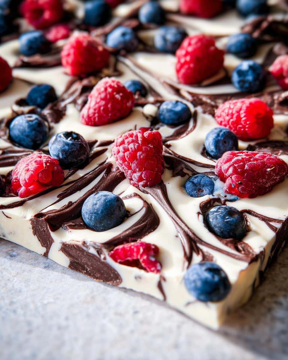 Close-up of frozen Chocolate Yogurt Bark with white yogurt base, dark chocolate swirls, fresh raspberries, and blueberries.