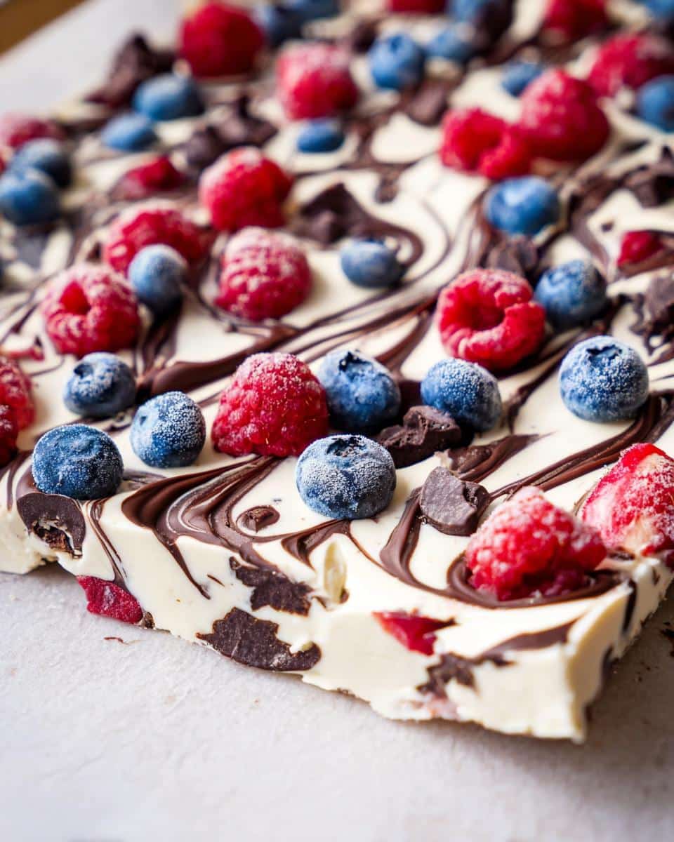 A close-up of a piece of frozen Chocolate Yogurt Bark with Berries, featuring white yogurt base, dark chocolate swirls, raspberries, and blueberries.