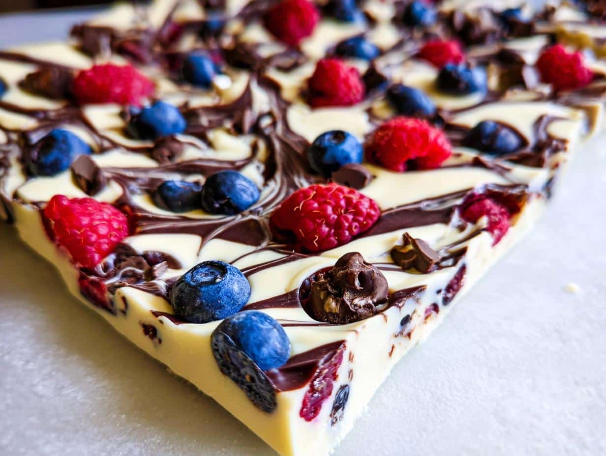 A close-up view of a piece of white and dark swirled Chocolate Yogurt Bark with Berries, topped with fresh raspberries and blueberries.
