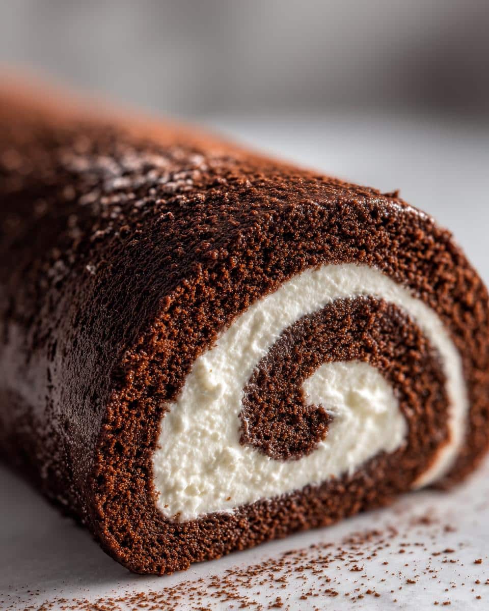 Close-up of a Chocolate Yule Log showing the dark brown cake spiraled around white cream filling.