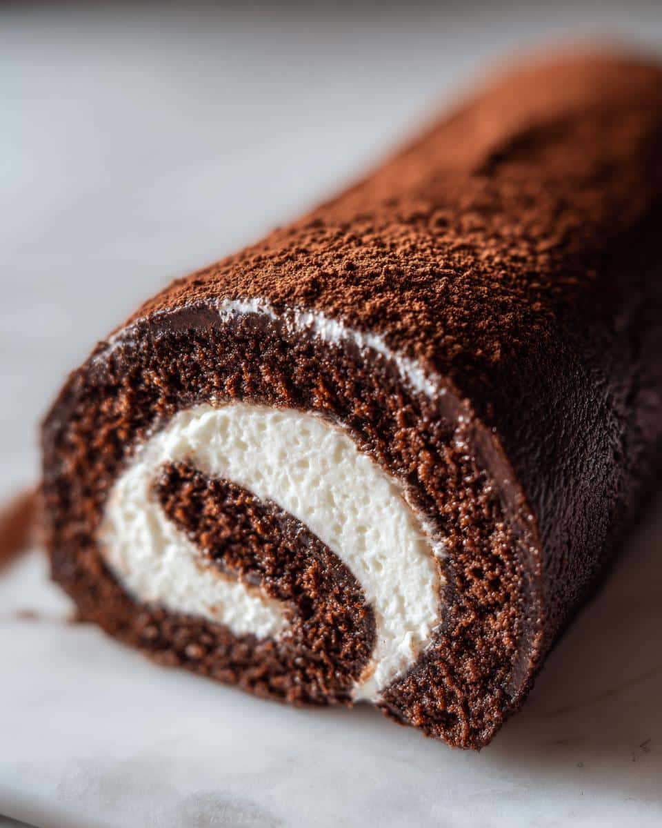 A close-up, angled shot of a Chocolate Yule Log showing the dark chocolate cake spiraled around white cream filling, dusted with cocoa powder.