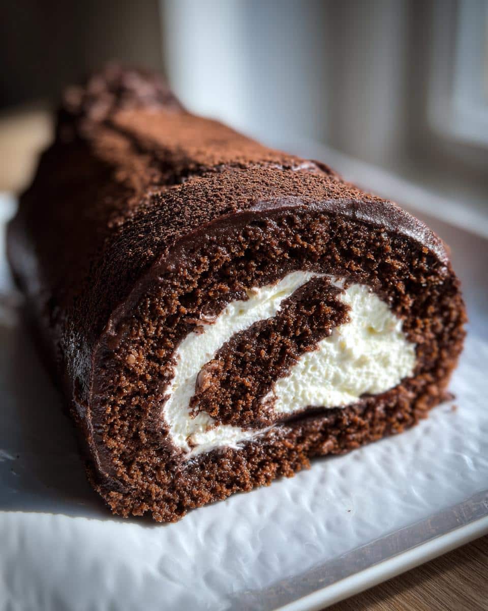 A close-up view of a rich Chocolate Yule Log showing the dark sponge cake rolled around a thick white cream filling.