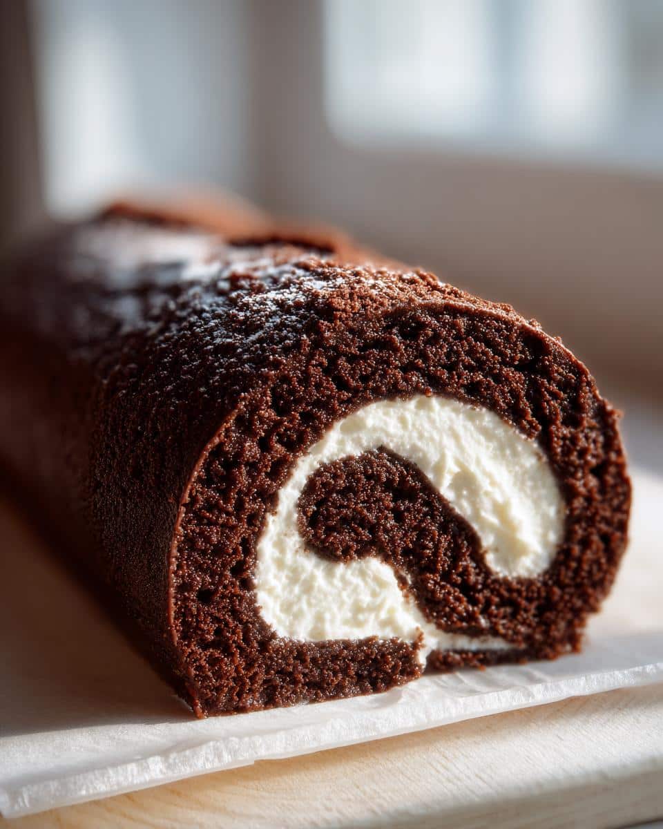 Close-up of a slice showing the swirl pattern in the Chocolate Yule Log with rich dark cake and white cream filling.
