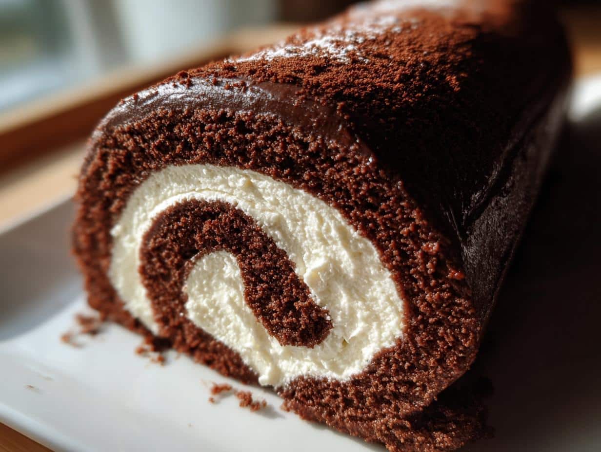 A close-up view of a slice of Chocolate Yule Log showing the rich dark chocolate cake spiraled around white cream filling.
