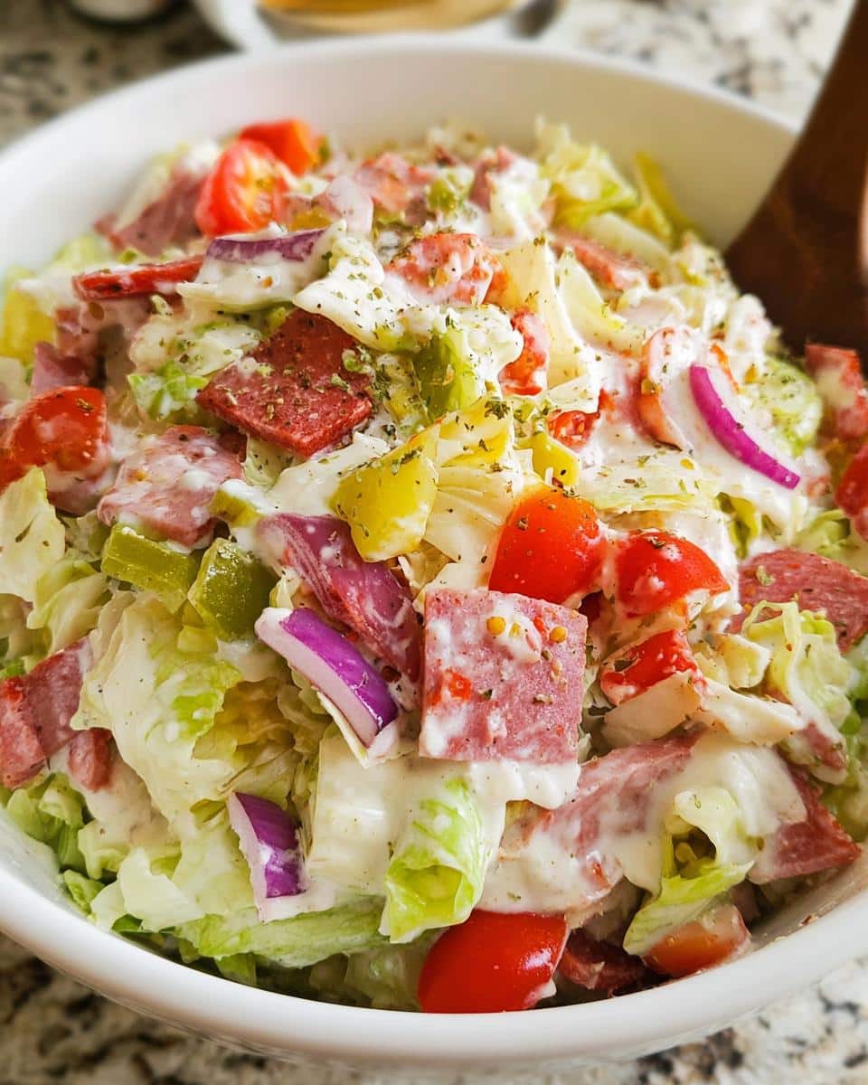A close-up of a white bowl filled with a creamy Chopped Italian Grinder Bowl salad featuring lettuce, salami, tomatoes, and red onion.