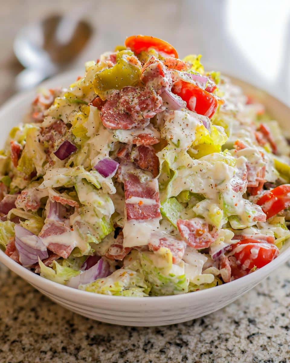 Close-up of a creamy Chopped Italian Grinder Bowl overflowing with lettuce, salami, red onion, tomatoes, and pepperoncini.