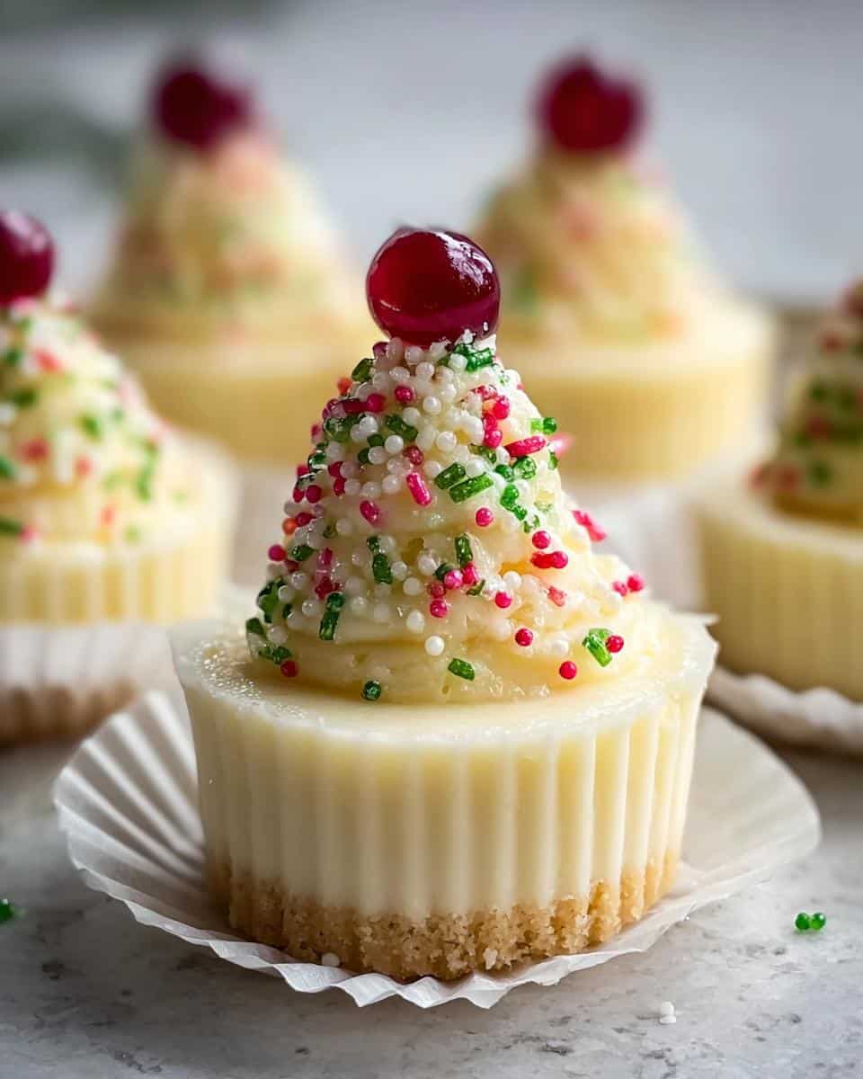 Close-up of a Christmas Tree Mini Cheesecakes topped with white frosting, red/green sprinkles, and a cherry.