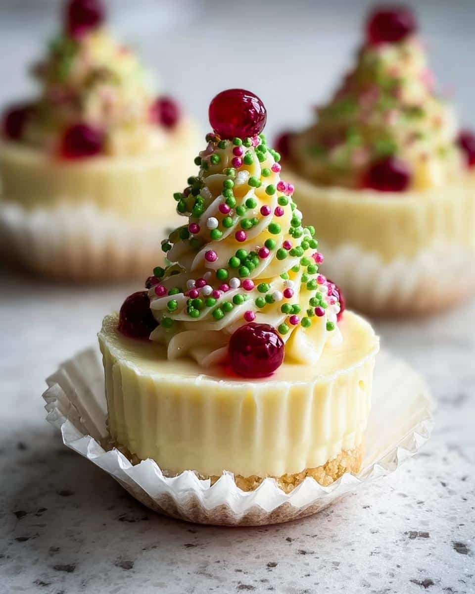 A close-up of one of the Christmas Tree Mini Cheesecakes, topped with white frosting piped into a tree shape, covered in green and pink sprinkles, and a red candy on top.
