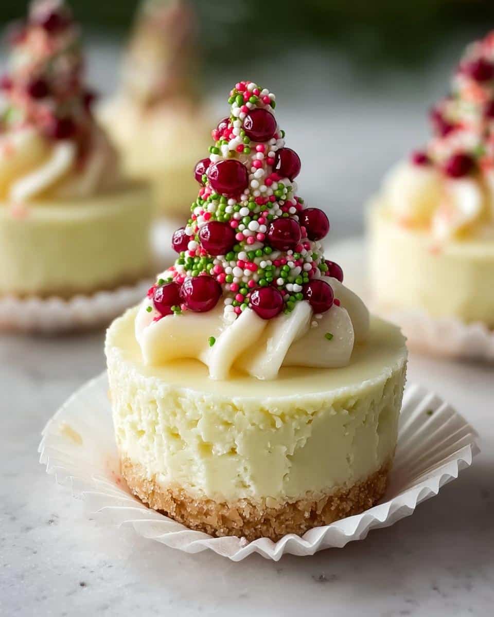 Close-up of a Christmas Tree Mini Cheesecakes topped with white frosting and festive red, white, and green sprinkles forming a tree shape.