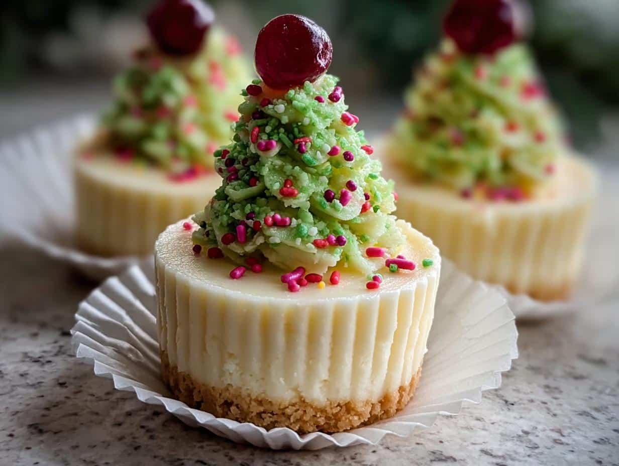 Close-up of a Christmas Tree Mini Cheesecake topped with green frosting, colorful sprinkles, and a cherry.