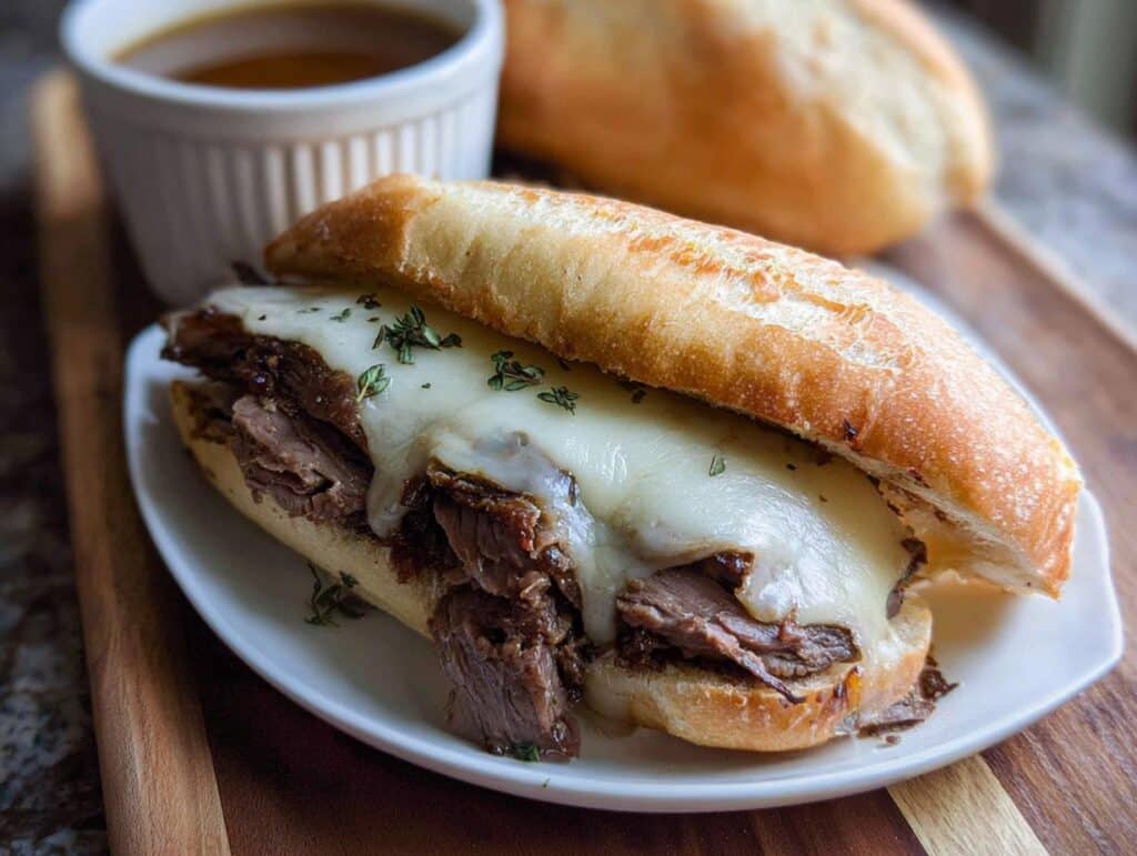 A juicy Classic Beef French Dip Slow Cooker sandwich with melted provolone cheese and herbs, served with a side of au jus.
