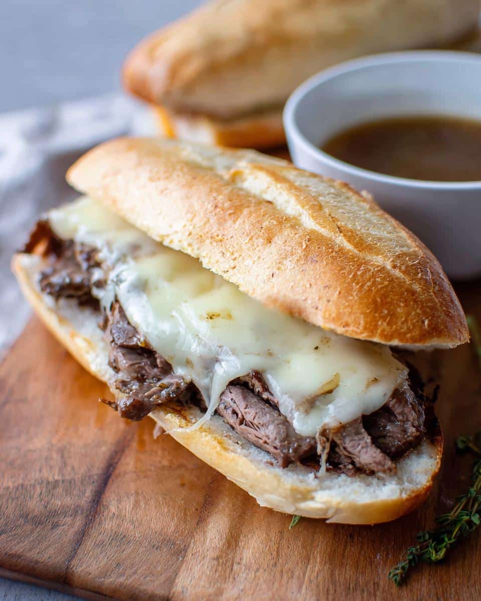A close-up of a Classic Beef French Dip Slow Cooker sandwich filled with shredded beef and melted provolone cheese, served with au jus.