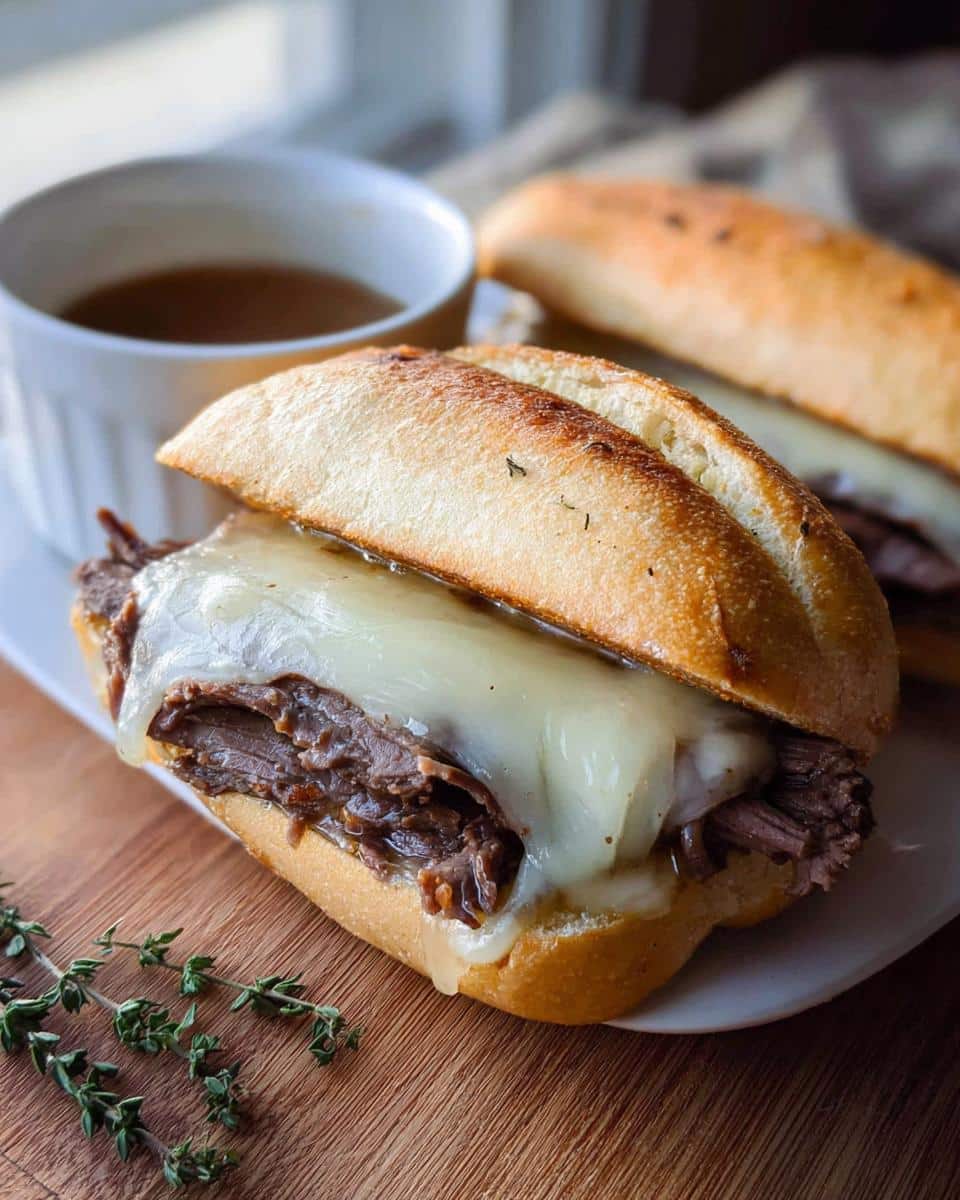 Close-up of a Classic Beef French Dip Slow Cooker sandwich with melted provolone cheese and a side of au jus.