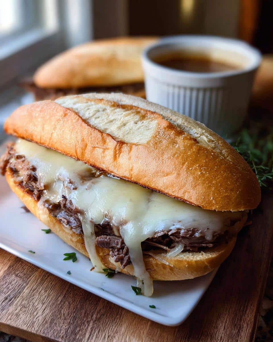 A close-up of a Classic Beef French Dip Slow Cooker sandwich with melted provolone cheese dripping over shredded beef on a crusty roll.