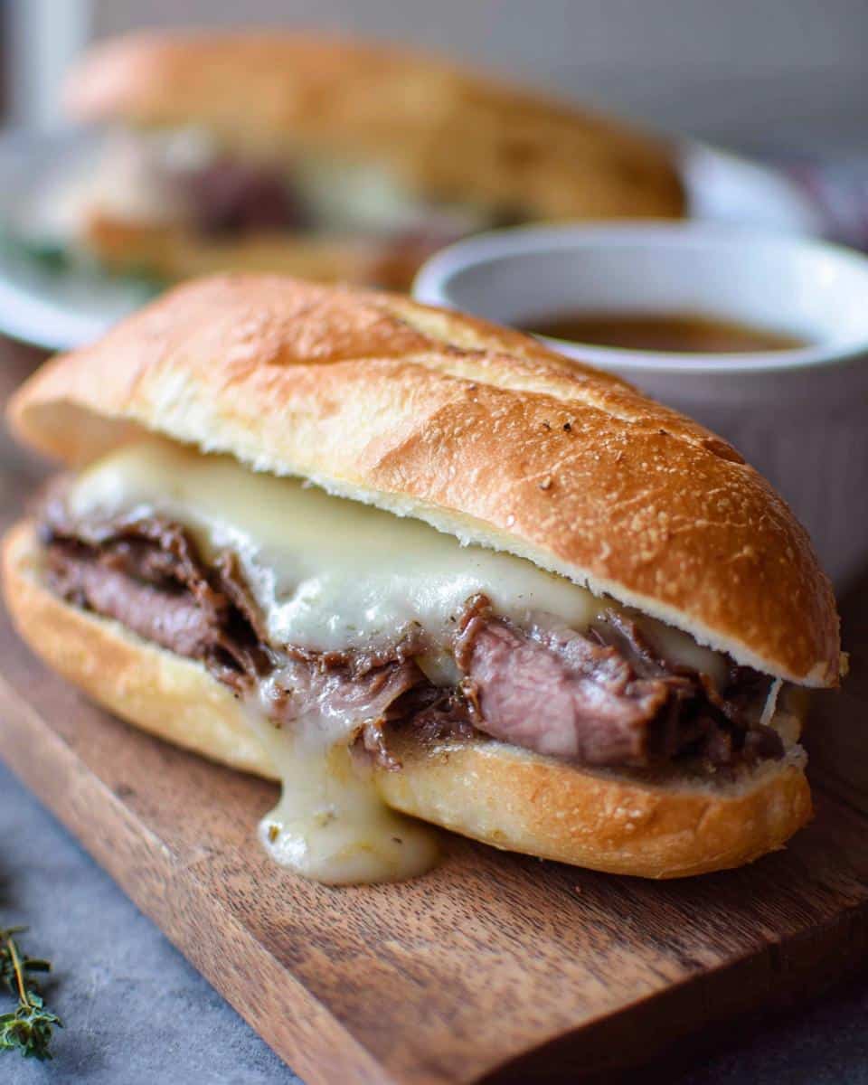 Close-up of a Classic Beef French Dip Slow Cooker sandwich with melted cheese dripping onto a wooden board.